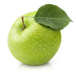 Ripe green apple with leaf isolated on white with clipping path