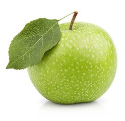 Ripe green apple with leaf isolated on white with clipping path