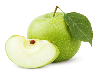 Ripe green apple with leaf and slice on white with clipping path