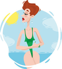 girl in a green bikini on sea background