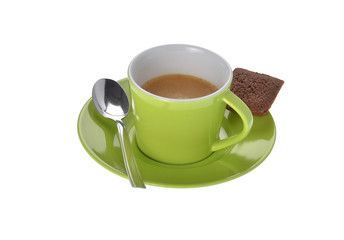 Espresso Tasse mit Keks und Löffel auf weiss Hintergrund