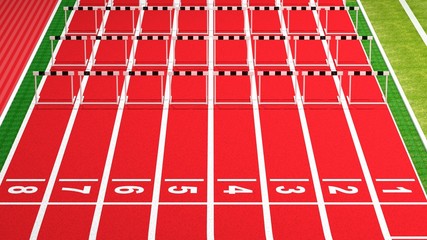 Rows of black and white hurdles on running track