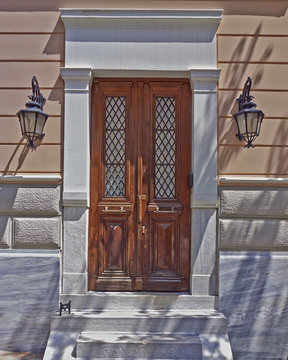 house entrance with solid wood door, Athens Greece