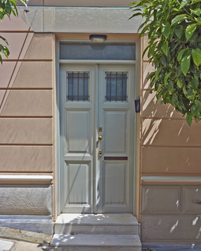 house entrance with solid wood door, Athens Greece