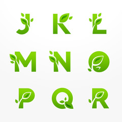 Set of green eco letters with leaves, font from J to R.