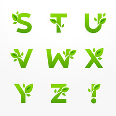 Set of green eco letters with leaves, font from S to Z.