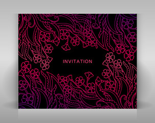 Black invitation with floral decoration.