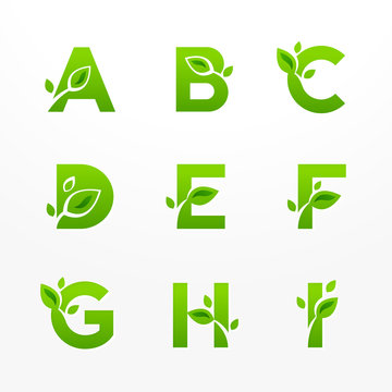 Set of green eco letters with leaves, font from A to I.