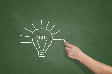 School blackboard and hand drawing light bulb symbol