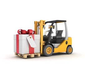 forklift with gift box in a pallet. Isolated
