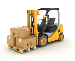 forklift with boxes in a pallet. Isolated