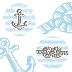 Vintage marine icon set: engraving anchor and knot.