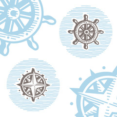 Vintage marine icon set: engraving wheel and wind rose.