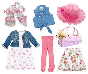 Set of female kid clothes isolated.Collage girl wear.