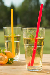 Healthy cold drink on the wooden table in the garden