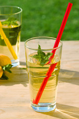 Healthy cold drink on the wooden table in the garden