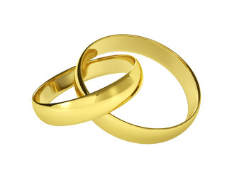 couple of gold wedding rings, isolated on white background