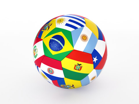 3d rendering of a soccer ball with flags of the South America