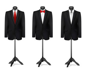 Three different suits on mannequins. Vector.