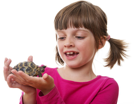 happly little girl holding a pet turtle