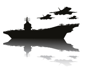 Aircraft carrier and flying aircrafts vector silhouettes.EPS10 - 67334248