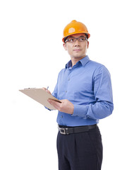 asian man with orange safety hat, isolated on white