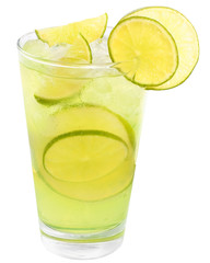Lemonade with lime and ice cubes.