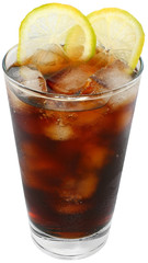 Cola drink with ice cubes and sliced lime in a highball glass