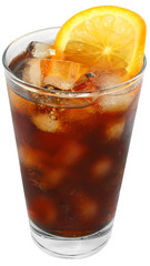 Cola drink with ice cubes and sliced orange in a highball glass