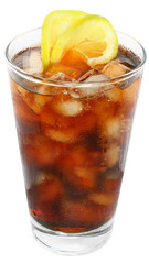 Cola drink with ice cubes and sliced lime in a highball glass