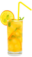Cocktail with orange juice with ice cubes and leaf mint