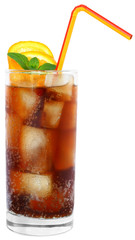 Cola drink with ice cubes and sliced lime in a highball glass.