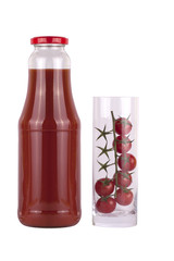 Bottle of tomato juice and cherry tomatoes in glass isolated