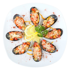 Mussels in sea salt Top view