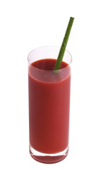 Glass of tomato juice with green onion tube isolated on white