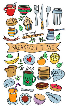 Vector hand drawn breakfast morning coffee and food icons