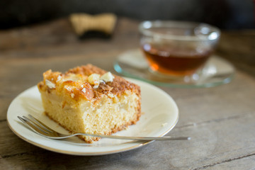 Cup of tea with pear-white-chocolate-cake