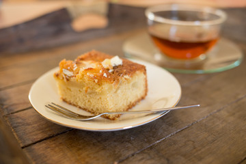 Cup of tea with pear-white-chocolate-cake