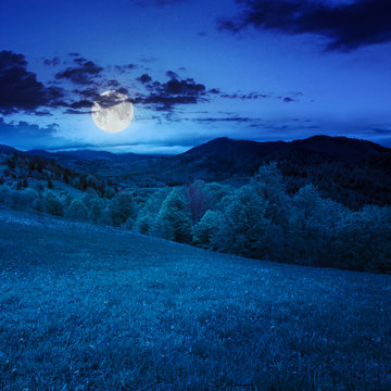 green grass on hillside meadow in mountain at night