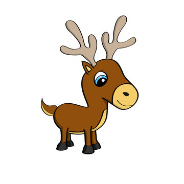 Cartoon illustration of a cute little reindeer with blue eyes