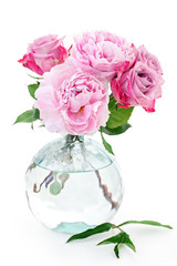 composition with a pink peony and roses on a white background