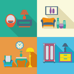 colorful Interior Icons Set in flat style with long shadow
