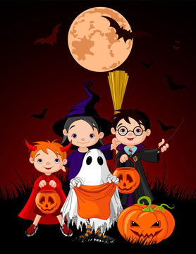 Halloween background with  trick or treating children