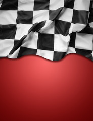 Checkered flag on red background. Copy space