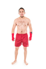 martial arts fighter wearing red shorts and wristband