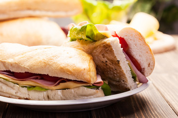 Panini sandwich with ham, cheese and tomato