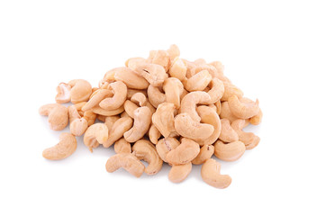 Heap of cashew nuts, isolated on white background