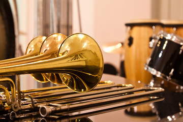 Lying trombones closeup