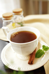 close up red tea in white cup