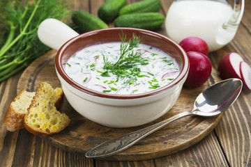 Cold summer soup with yogurt and vegetables